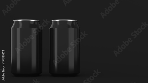Two small black aluminum soda cans mockup on black background