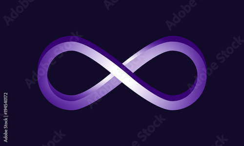 Realistic 3d infinity symbol. Logo design element. Isolated on deep purple background. Vector illustration.