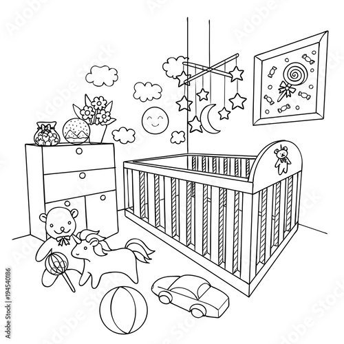 Hand drawn baby room for design element and coloring book page. Vector illustration