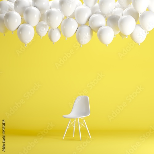 White chair with floating white balloons in yellow background room studio. minimal idea creative concept.