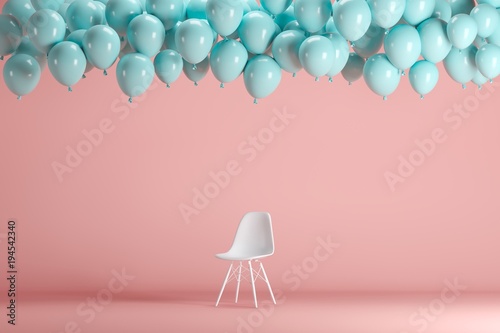 White chair with floating blue balloons in pink pastel background room studio. minimal idea creative concept. photo