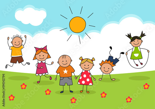 Happy kids and sunny day. Illustration in doodle and cartoon style. Vector. EPS 8