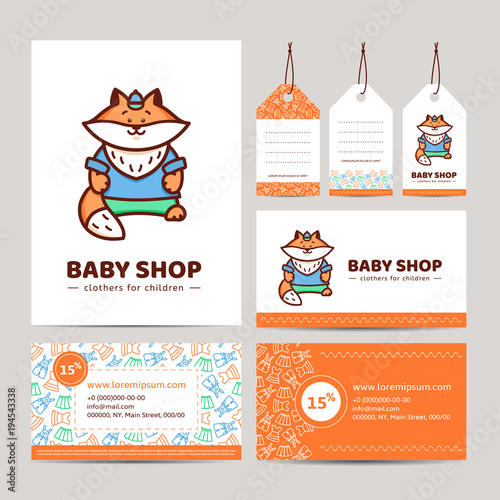 Branding baby shop. Logo, business card and price tag . Corporate identity elements for Studio sewing and tailoring. Fox in pants and a t-shirt. Illustration in cartoon style