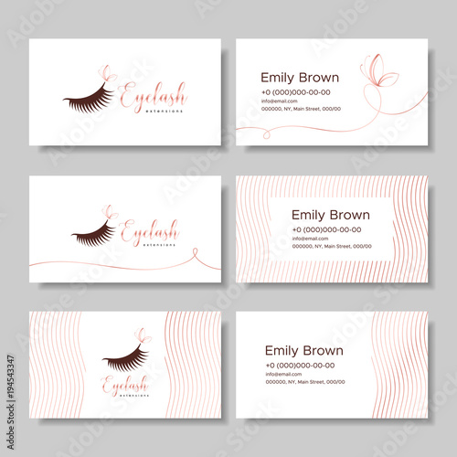 Branding for salon eyelash extension, shop cosmetic products, lashmaker, stylist. Logo, business card. Design with graphic elements of pink gold. Vector illustration in modern style
