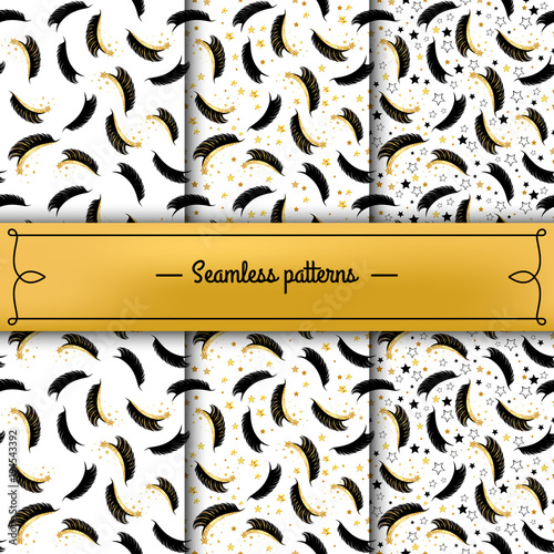 Set of seamless patterns with lashes and gold stars. The element of the corporate style of salon eyelash extensions. Vector template packaging design beauty products photo