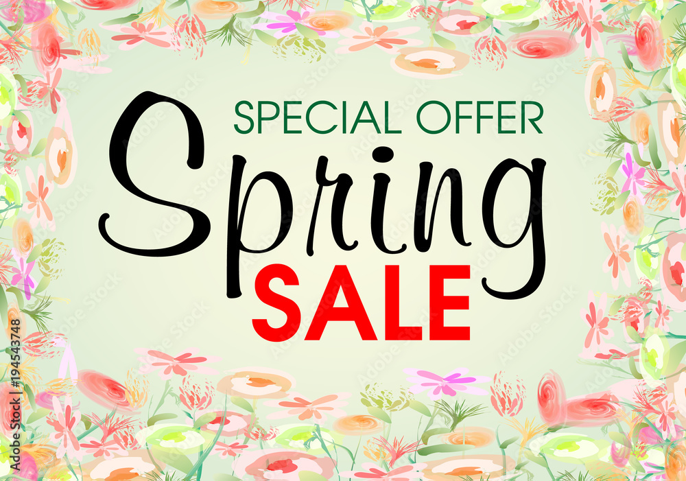 Obraz premium Watercolor flower spring sale vector on green background