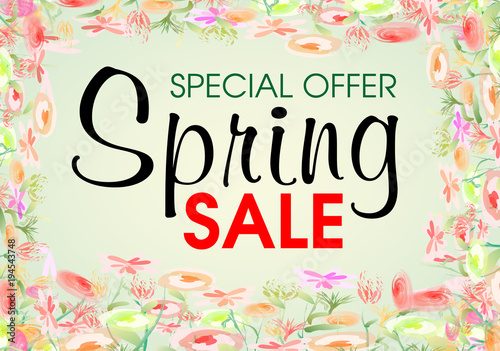 Watercolor flower spring sale vector on green background