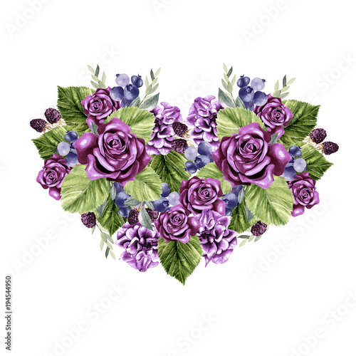 A beautiful watercolor heart with roses and peony flowers, leaves and berries.