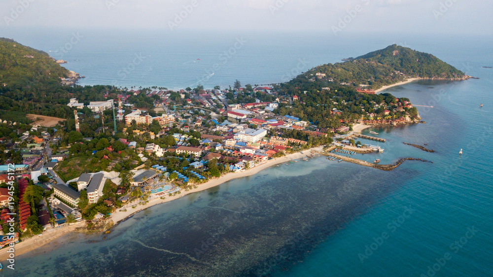 AERIAL: koh Phangan island, Thailand,aerial landscape view from the drone over Baan Tai pier