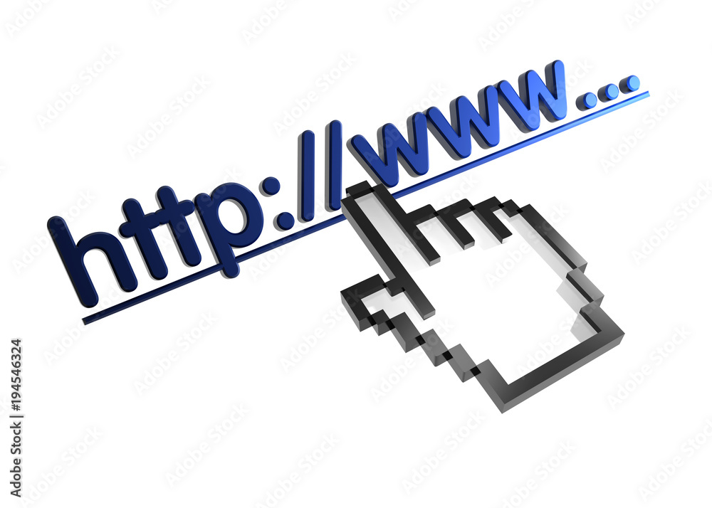 Web link. Stylized hand pointer on link. 3D render. Isolated on white. Web link. Stylized hand pointer on link. 3D render. Isolated on white.
