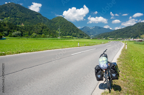 Touring bike on a road in Slovenia