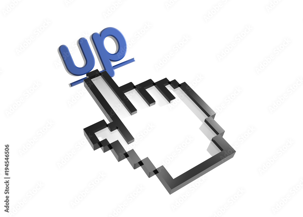 Up. Stylized hand pointer on link. 3D render. Isolated on white. Up. Stylized hand pointer on link. 3D render. Isolated on white.