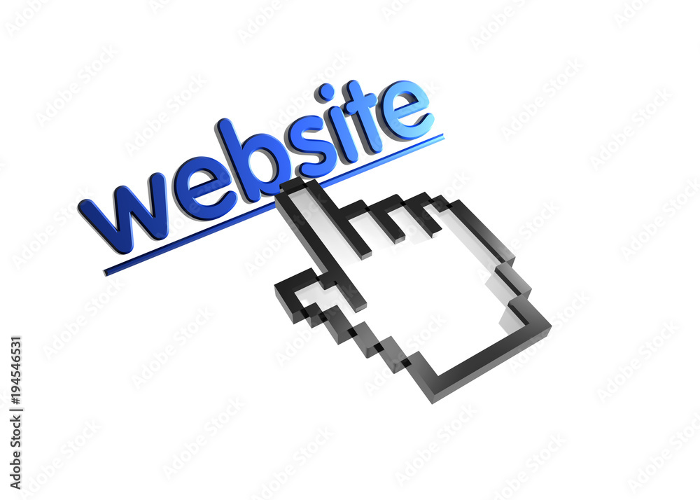 Website. Stylized hand pointer on link. 3D render. Isolated on white. Website. Stylized hand pointer on link. 3D render. Isolated on white.