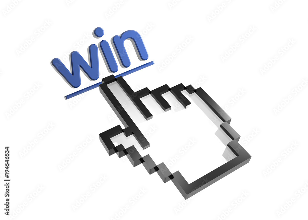 Win. Stylized hand pointer on link. 3D render. Isolated on white. Win. Stylized hand pointer on link. 3D render. Isolated on white.