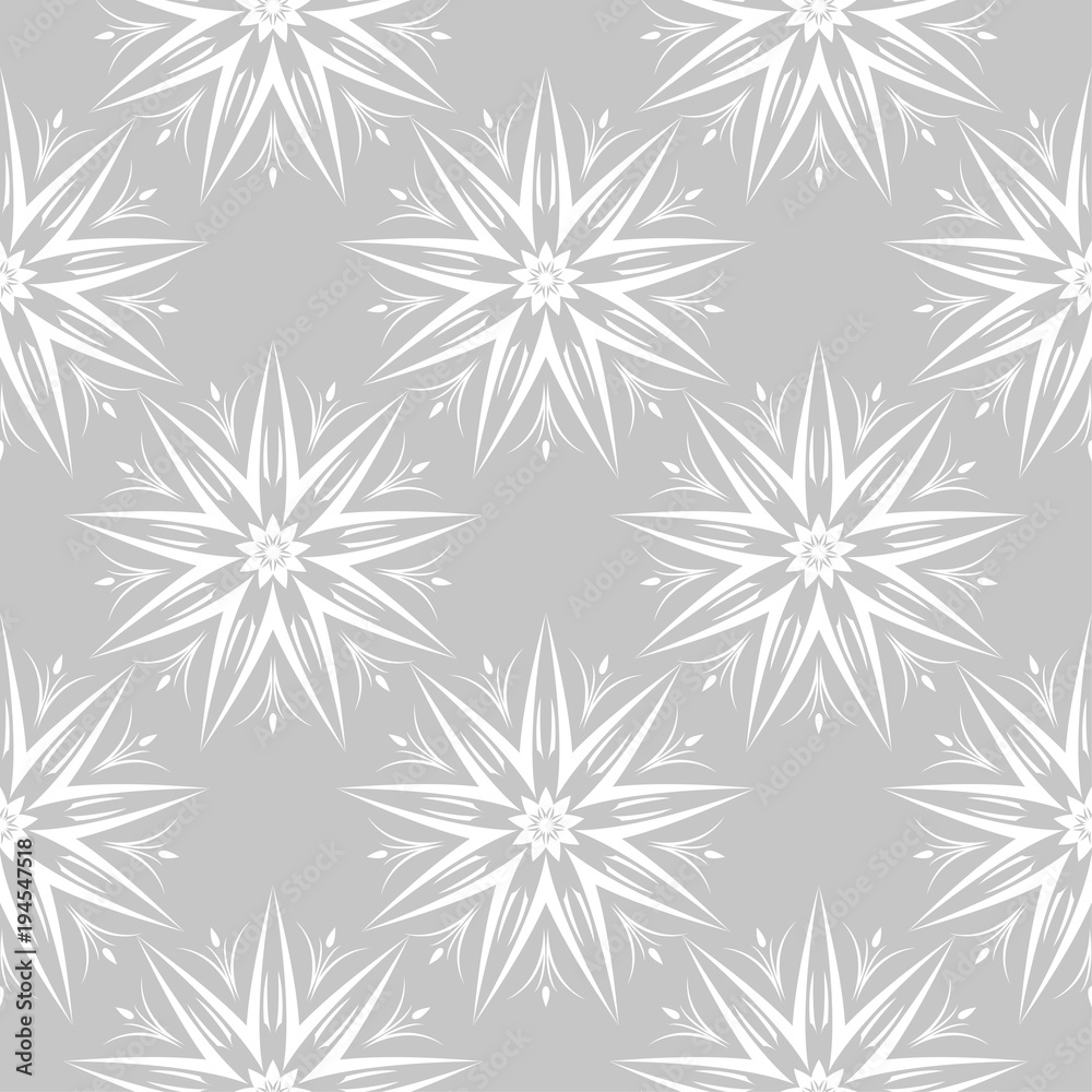 White flowers on gray background. Ornamental seamless pattern