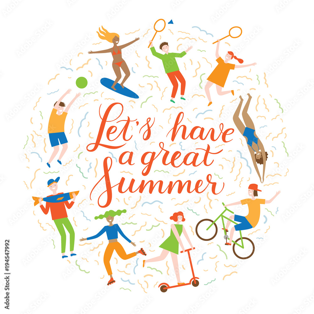 Summer3/People have fun in the summer. Outdoor activity. Round composition. Stylish font typography.