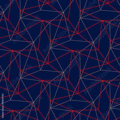 Geometric seamless pattern. Colored red and beige design on blue background