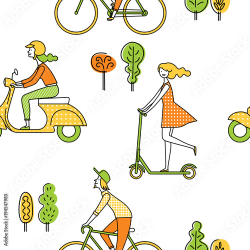 People_f_pattern/Seamless pattern. People on the street. Vector set of characters. A girl rides a scooter. A man rides a bicycle. Color image.