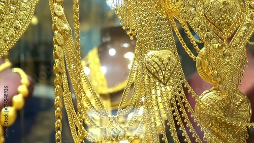 A lot of oriental Gold Jewelry in the shop window on the Grand Bazaar. Istanbul, Turkey. HD video clip