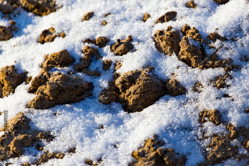 Snow on the ground in the rays of the sunset as a background