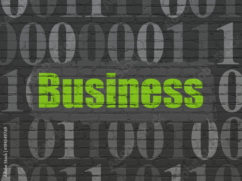 Business concept: Painted green text Business on Black Brick wall background with Binary Code