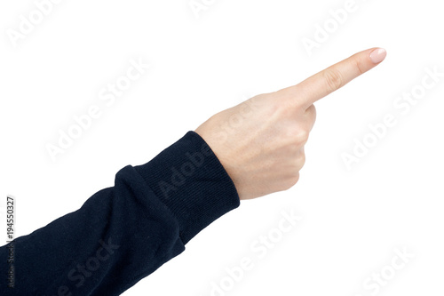 Female hand pointing gesture and sign. Isolated on white background. Dark blue pullover