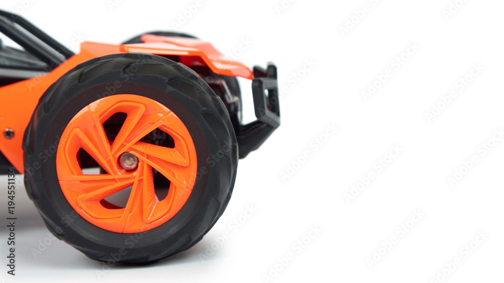 Obraz premium RC model rally, off road race buggy close up detail. Macro car, copy space