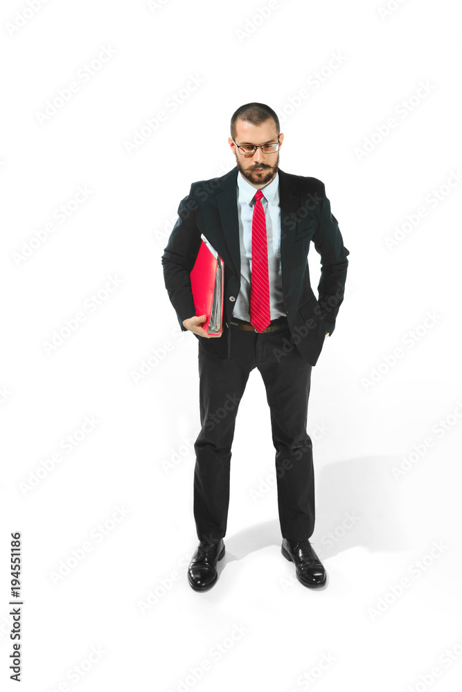 Full body portrait of businessman with folder on white Full body portrait of businessman with folder on white