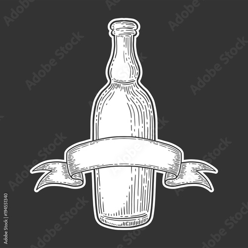Beer bottle with ribbon, engraving image, ink hand drawn style, isolated on dark background. Sketch and doodle vector. Craft beverage design