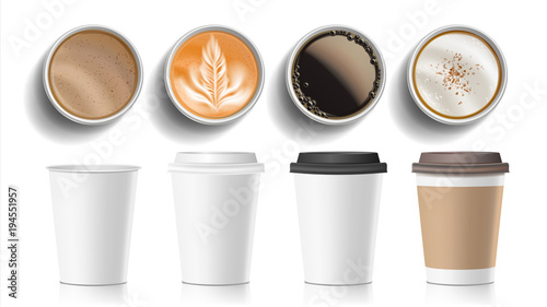 Coffee Cups Top View Vector. Plastic, Paper White Empty Fast Food Take Out Coffee Menu Mugs. Various Ocher Paper Cups. Breakfast Beverage. Realistic Isolated Illustration