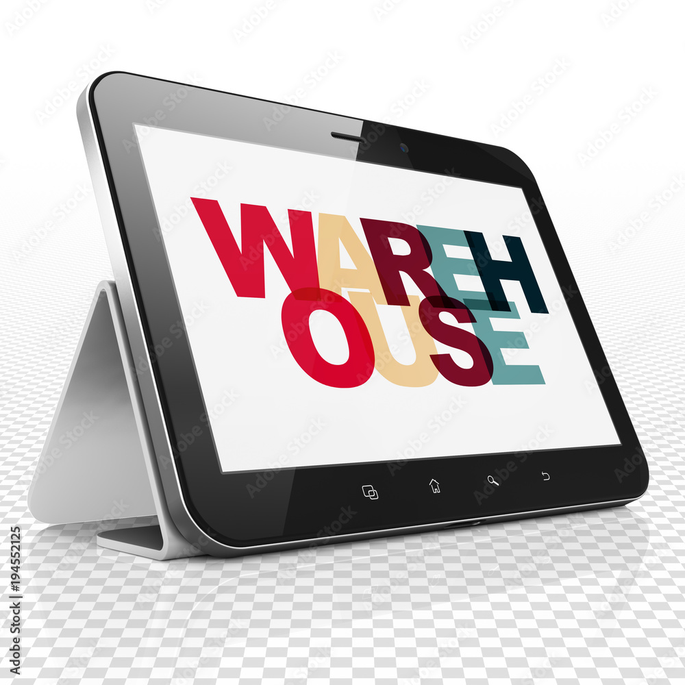 Industry concept: Tablet Computer with Painted multicolor text Warehouse on display, 3D rendering Industry concept: Tablet Computer with Painted multicolor text Warehouse on display, 3D rendering