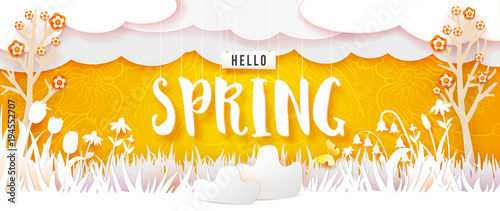 Spring flowering meadow and trees. White grass and flowers carved from white paper on a yellow background with abstract doodle ornament. Cut out of paper banner. Hello Spring text. Vector illustration