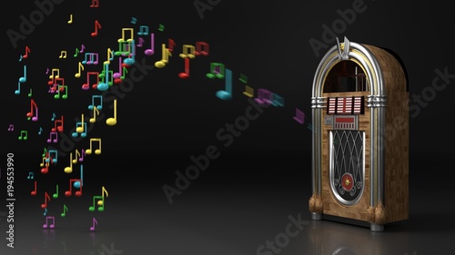 Jukebox spitting out plastic colorful red, blue, yellow, green, violet musical quarter (crotchet), eighth (quaver) and beamed notes, sound in the air falling on the floor, physical music in real world photo