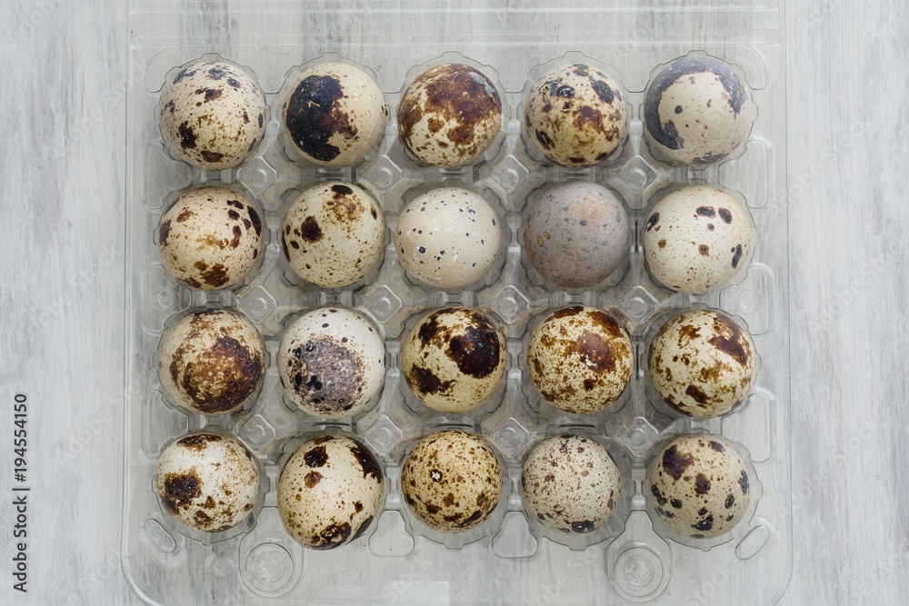 Pack of 20 quail eggs on white vintage background