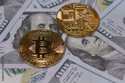 Golden Bitcoins. New virtual money. photo