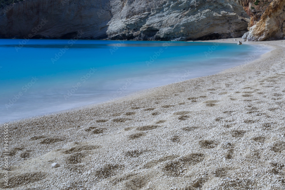 katsiki sand beach, rocks, deep blue sky and sea, lefkas, greece