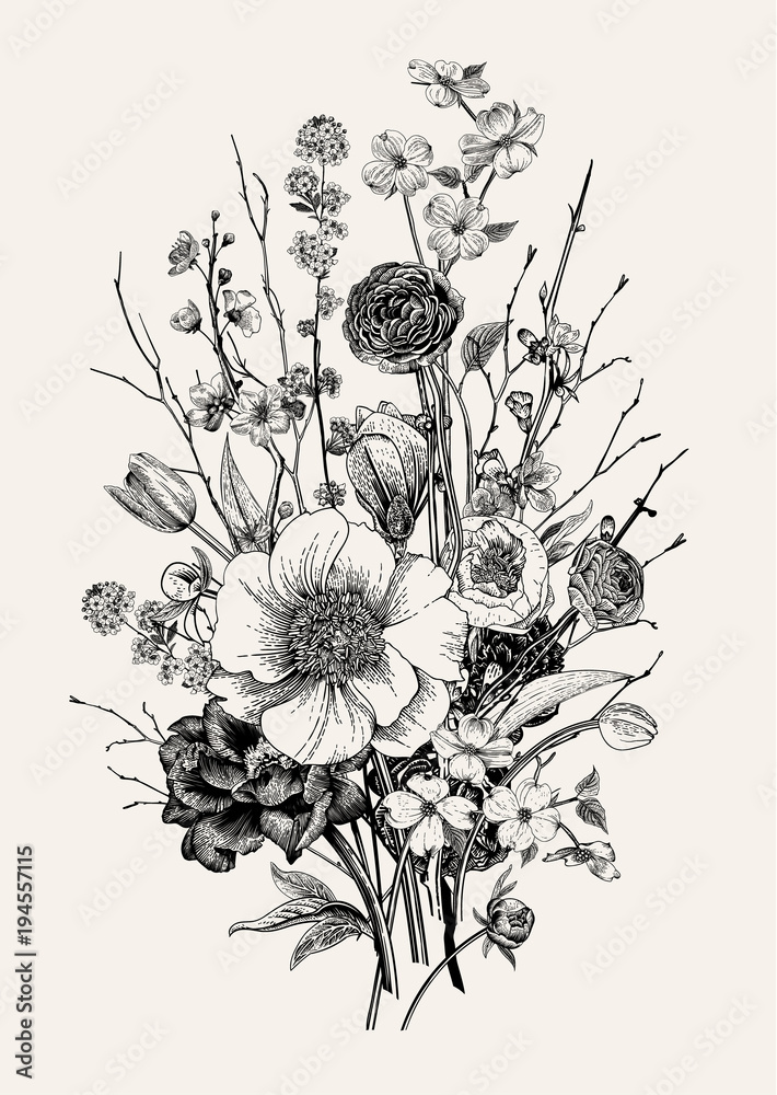 Naklejka premium Bukiet. Wiosenne kwiaty i gałązka. Piwonie, Spirea, Kwiat wiśni, Dereń. Vintage ilustracji botanicznych. Czarny i biały