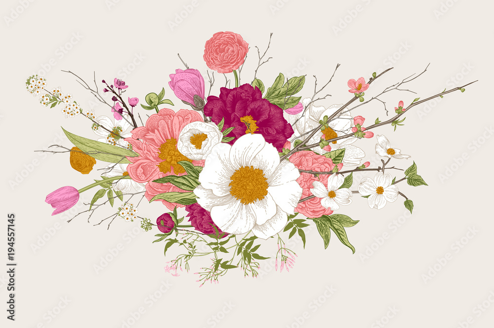 Fototapeta premium Bouquet. Spring Flowers and twigs. Peonies, Spirea, Cherry Blossom, Dogwood. Vintage botanical illustration. Colorful