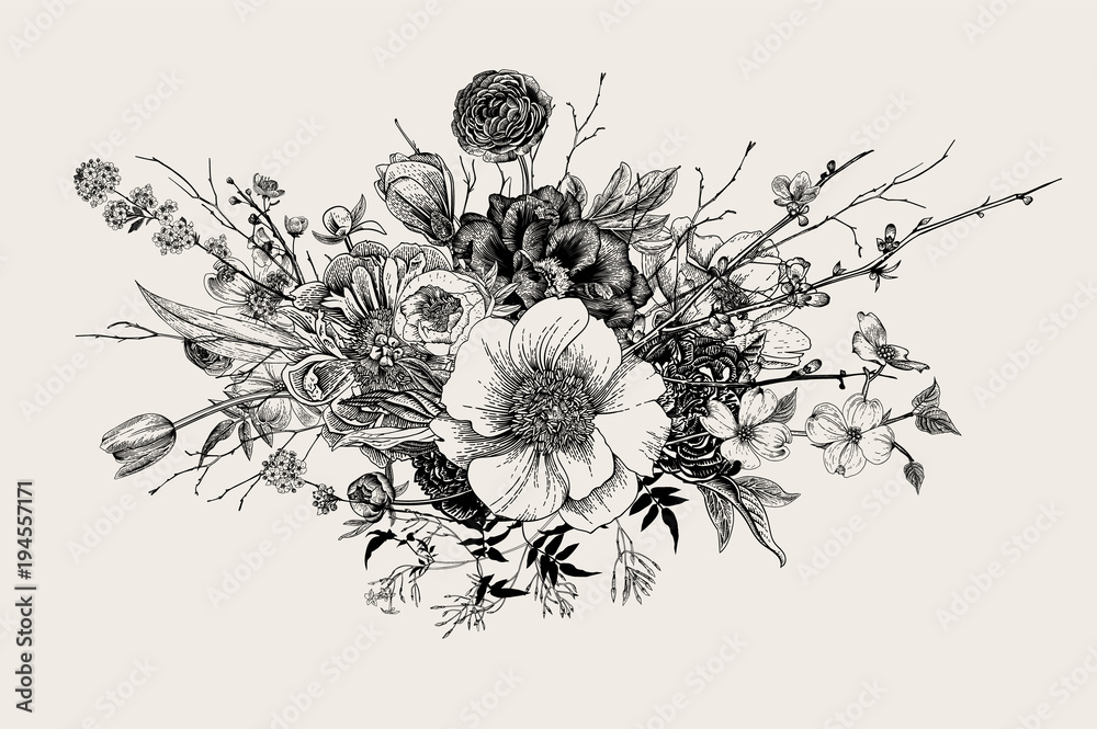 Naklejka premium Bukiet. Wiosenne kwiaty i gałązki. Piwonie, Spirea, Kwiat wiśni, Dereń. Vintage ilustracji botanicznych. Czarny i biały