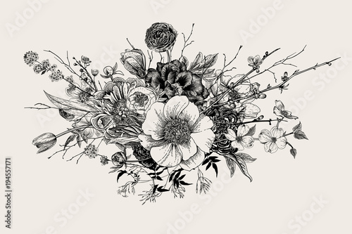 Bouquet. Spring Flowers and twigs. Peonies, Spirea, Cherry Blossom, Dogwood. Vintage botanical illustration. Black and white