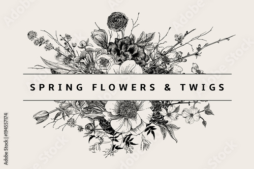 Bouquet. Spring Flowers and twigs. Peonies, Spirea, Cherry Blossom, Dogwood. Vintage botanical illustration. Black and white