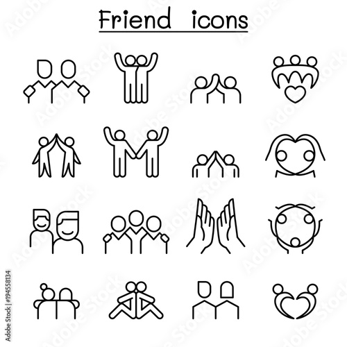 Friendship & Friend icon set in thin line style