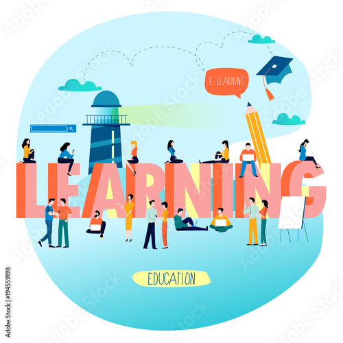 Education, training courses, distance education flat vector illustration. Word learning with group of people. Internet studying, e-learning, online education design for mobile and web graphics