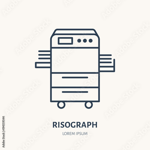 Risograph printer with paper flat line icon. Office printing device sign. Thin linear logo for printery, equipment store.