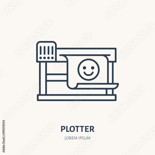 Plotter printer with printed paper flat line icon. Large,format printing device sign. Thin linear logo for printery, equipment store.