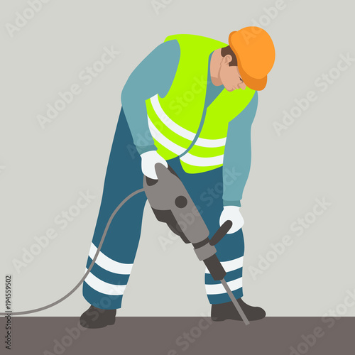 worker drill  in helmet  vector illustration flat style  profile