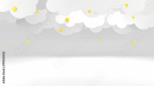 3d rendering picture of white clouds paper crafts and stars.