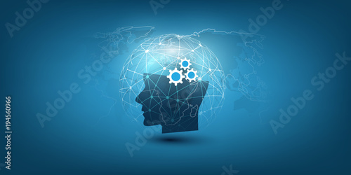 Machine Learning, Artificial Intelligence, Cloud Computing, Automated Support Assistance and Networks Design Concept with Wireframe Sphere and Human Head