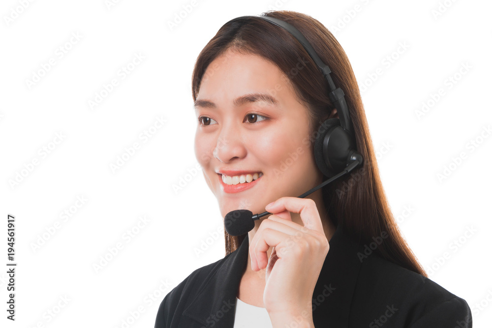 Portrait of Asian beautiful smiling woman customer support phone operator isolated on white background and copy space.Concept call center job service. Portrait of Asian beautiful smiling woman customer support phone operator isolated on white background and copy space.Concept call center job service.