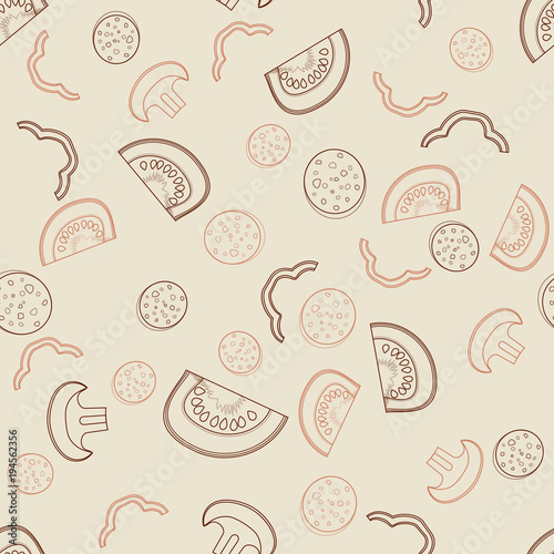 Seamless background with sliced ingredients for Italian pizza. Fast food background. Vector illustration